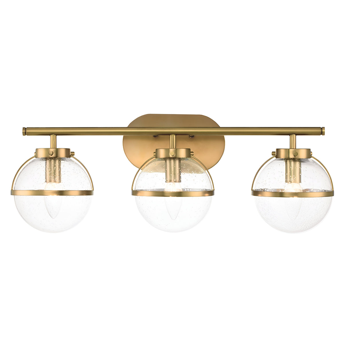 The Hollis 3 Light Wall Light in Heritage Brass features three round, clear glass shades mounted on a horizontal bar and a backplate. Its speckled textured glass lends a contemporary elegance with an Art Deco charm.
