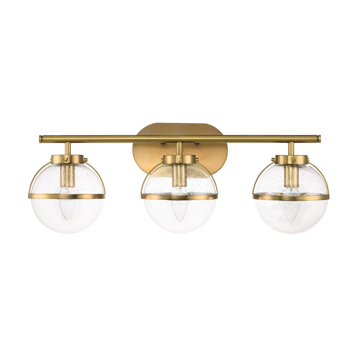 The Hollis 3 Light Wall Light features a minimalist, modern design with subtle Art Deco influences and consists of three spherical clear glass shades elegantly affixed to a Heritage Brass support along a horizontal gold bar.