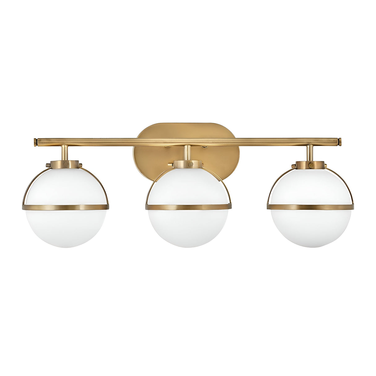 The Hollis 3 Light Wall Light showcases three opal glass globes set on a stylish, horizontal heritage brass bar and base.