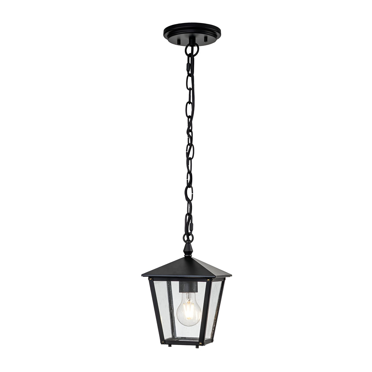 The Huntersfield Outdoor 1 Light Small Chain Pendant in black features a lantern-style fixture suspended by a metal chain. It radiates traditional charm with its single exposed bulb encased behind clear seeded glass panels, showcasing a classic geometric design.