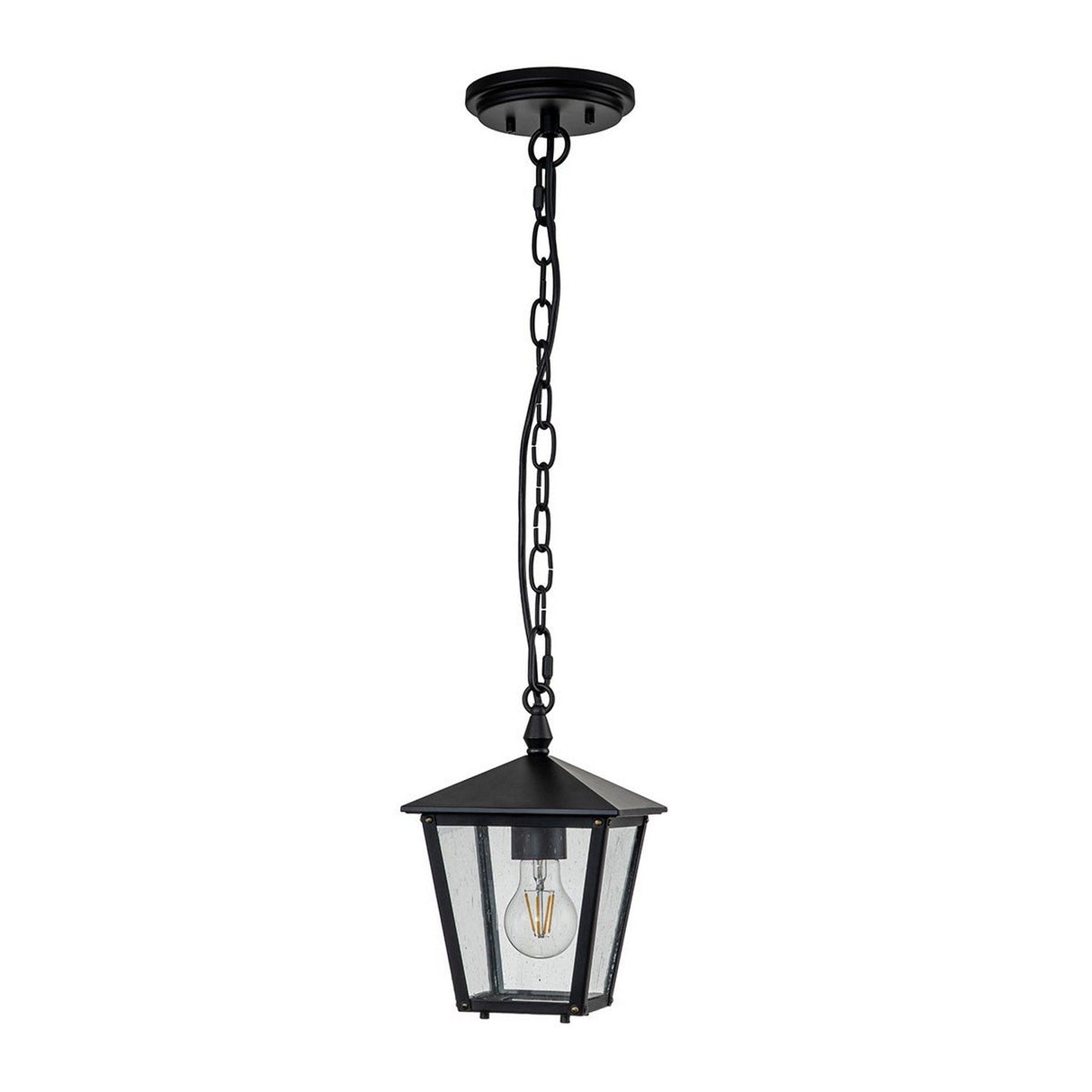 Product Description: The Huntersfield Outdoor 1 Light Small Chain Pendant in black exudes traditional charm with its clear seeded glass casing and visible bulb. Designed for outdoor use, it features a classic chain suspension and timeless lantern-style appeal.