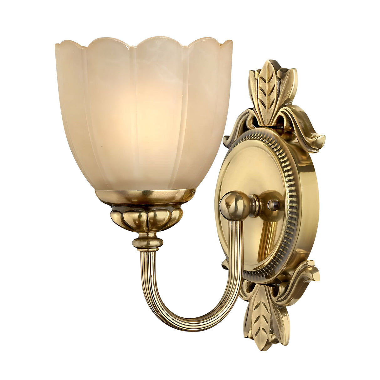 The Isabella 1 Light Wall Light, adorned in burnished brass, showcases an intricately designed base and is complemented by a beautifully etched amber glass shade, providing a warm and inviting glow.