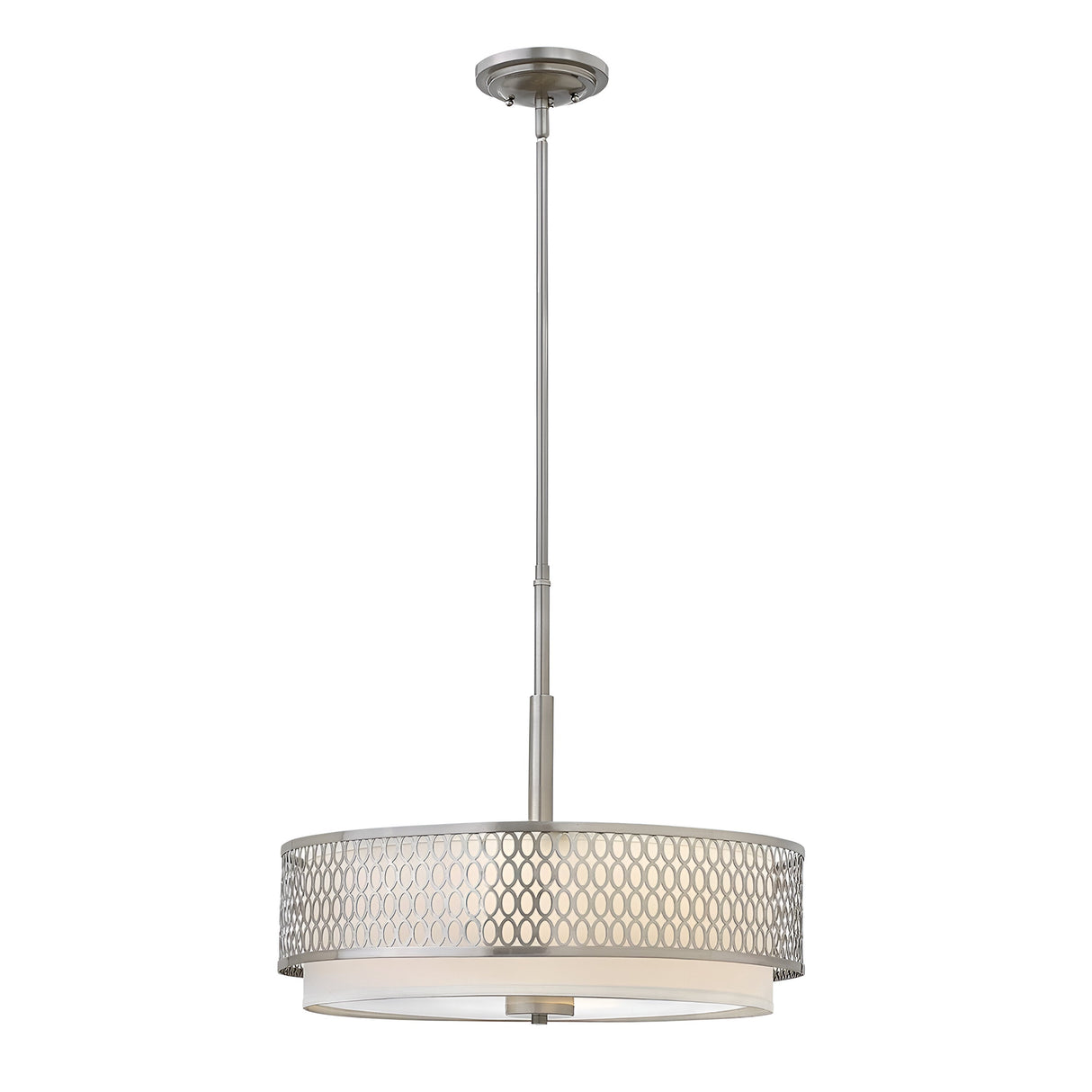 The Jules 3 Light Pendant / Semi-Flush - Brushed Nickel showcases modern elegance with its cylindrical, perforated metal shade, finished in sleek Brushed Nickel. Adorned with a hexagonal pattern, the light is gracefully suspended from a thin, adjustable rod for versatile styling.
