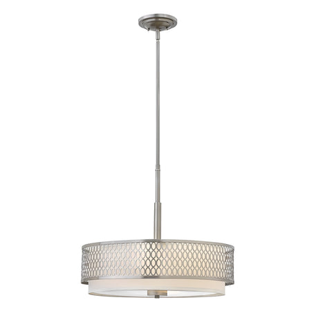 The Jules 3 Light Pendant / Semi-Flush - Brushed Nickel showcases modern elegance with its cylindrical, perforated metal shade, finished in sleek Brushed Nickel. Adorned with a hexagonal pattern, the light is gracefully suspended from a thin, adjustable rod for versatile styling.