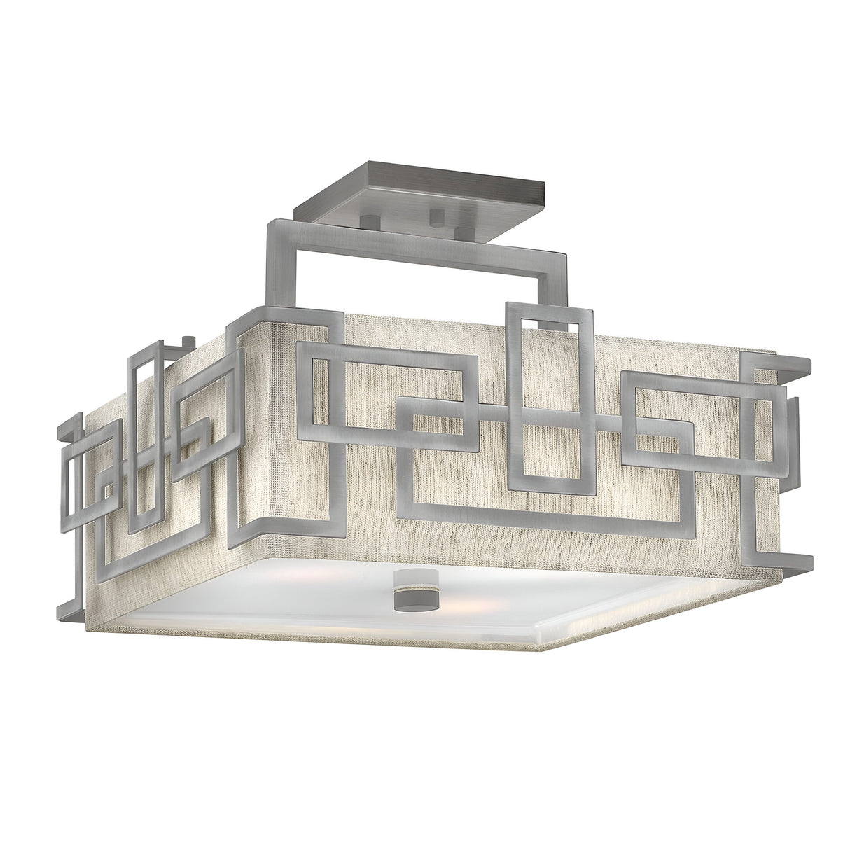 Introducing the Lanza 3 Light Semi Flush - Antique Nickel: a modern square ceiling light fixture with a sophisticated design. It features a geometric metal frame composed of overlapping rectangular shapes and is complemented by a frosted glass cover. The Antique Nickel finish adds to its contemporary style, providing a sleek and stylish appearance.