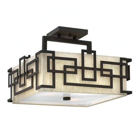 Introducing the Lanza 3 Light Semi Flush in Oil Rubbed Bronze, featuring a square ceiling light fixture with a beige fabric shade and an elegant oil-rubbed bronze geometric frame. Its modern, minimalist design provides a stylish and contemporary accent for any room.
