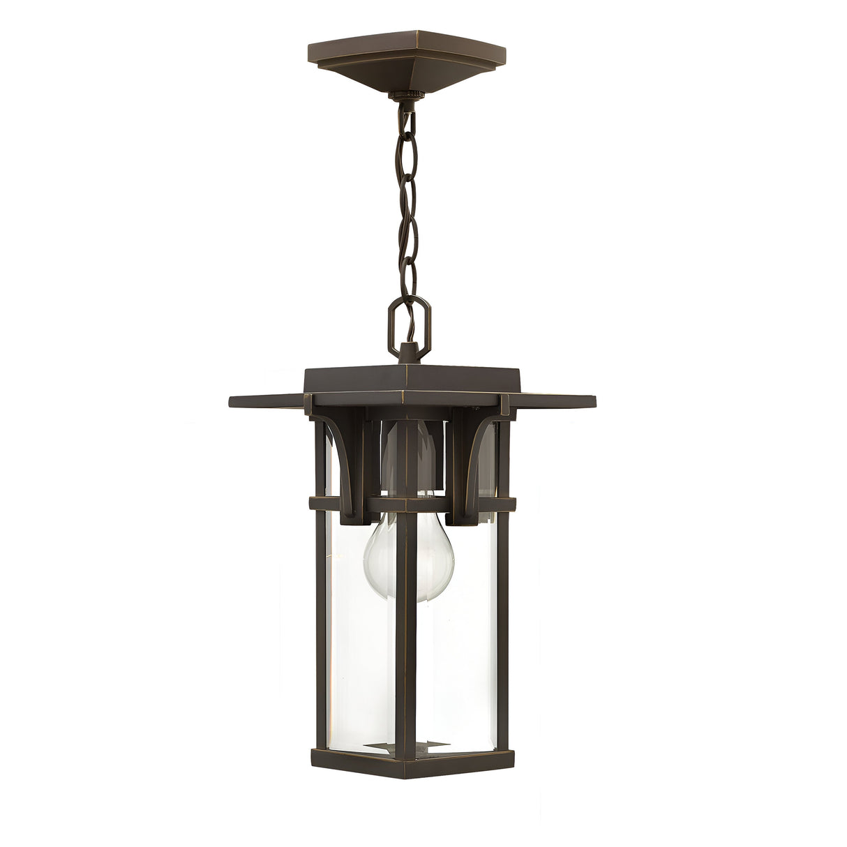 The Manhattan Outdoor 1 Light Chain Pendant in oil-rubbed bronze is a square lantern-style fixture that hangs from a chain attached to a square base. It showcases clear glass panels and a visible bulb, making it perfect for outdoor settings. Its train station lantern design exudes vintage charm.