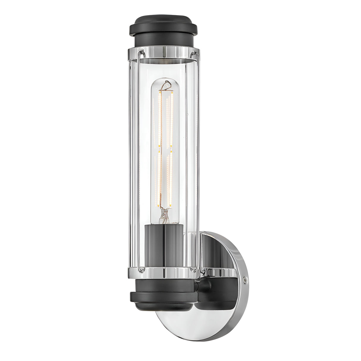 The Masthead 1 Light Wall Light - Polished Chrome & Black exudes nautical charm with its contemporary, wall-mounted design. It features a cylindrical glass covering and a visible filament bulb. Accented in black and polished chrome, it is attached to a sleek round base, making it perfect for adding style to any space.