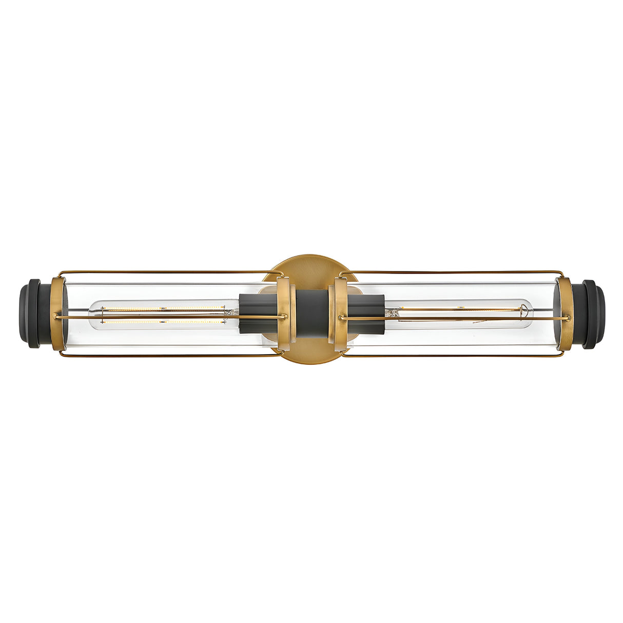 The Masthead 2 Light Wall Light showcases a contemporary design with two elongated Edison-style bulbs encased in clear glass shades. It features a Heritage Brass finish with black accents, along with a central mounting plate.