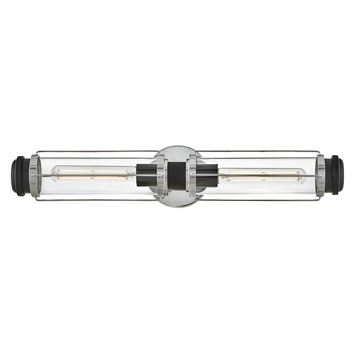 The Masthead 2 Light Wall Light - Polished Chrome & Black is a contemporary fixture featuring a sleek cylindrical design with a polished chrome base. It highlights two elongated, clear glass bulbs encased in transparent housing, providing a minimalist aesthetic with subtle nautical charm.