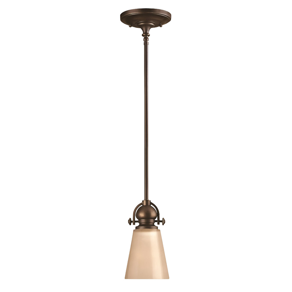 The Mayflower-1 1 Light Mini Pendant in Olde Bronze boasts a sophisticated design with a long rod and an etched amber glass shade. Its classic style includes adjustable joints and a round ceiling mount, ensuring it's both stylish and versatile for any room.