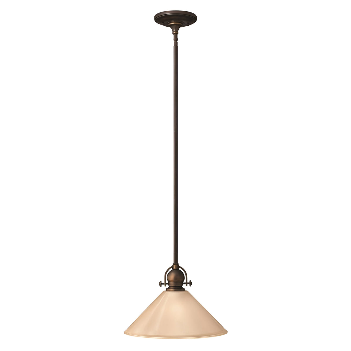 The Mayflower-2 1 Light Mini Pendant in Olde Bronze exudes vintage-inspired charm with its minimalist design, featuring a simple metal rod and a wide, cone-shaped beige shade, making it suitable for various interior styles.