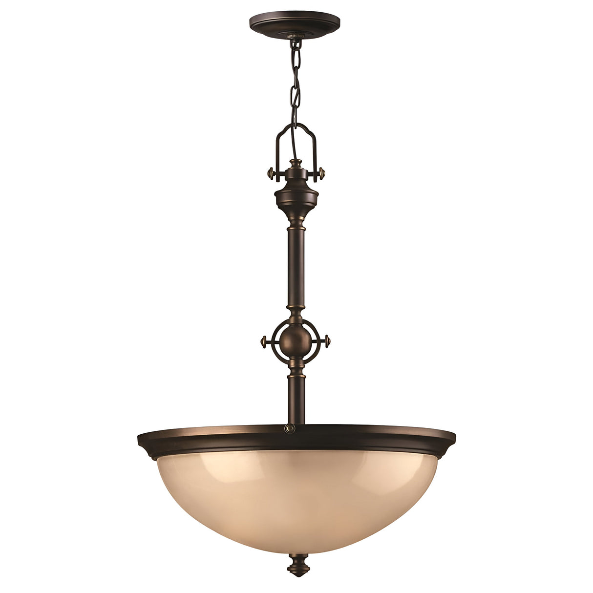 The Mayflower 3 Light Pendant - Bronze showcases a classic and elegant design, complete with a bronze finish and frosted glass bowl shade. It is suspended by a decorative chain and rod and offers adjustable height, making it ideal for dining or living areas.