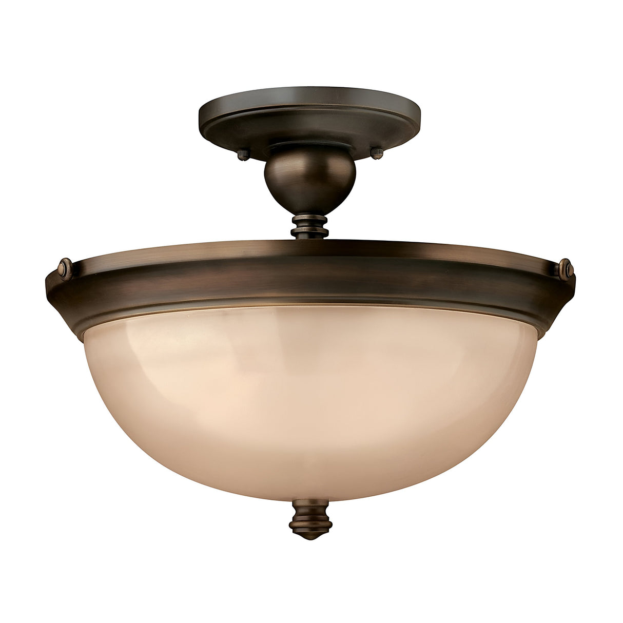The Mayflower 3 Light Semi Flush - Bronze showcases a timeless oil-rubbed bronze finish combined with a frosted glass dome shade. Its straightforward, traditional design seamlessly enhances diverse interior styles.