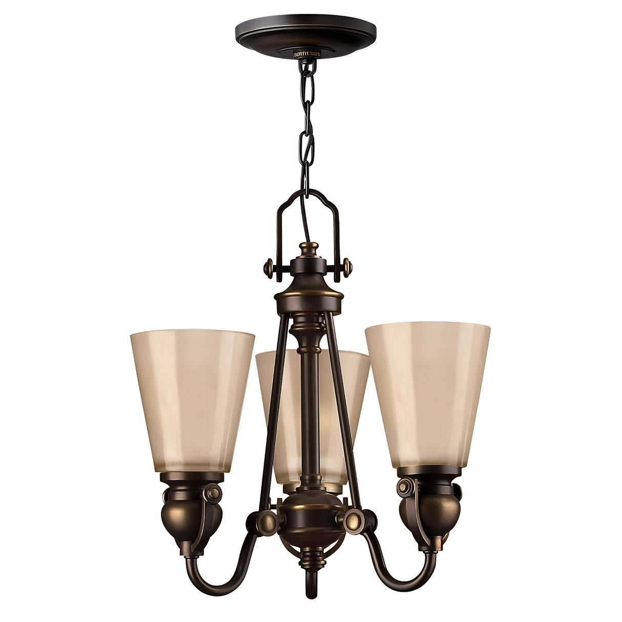 The Mayflower 3 Light Chandelier in a bronze finish, featuring frosted glass shades, exudes traditional elegance with its central fixture suspended from a chain and showcasing intricate metalwork alongside modern design elements.