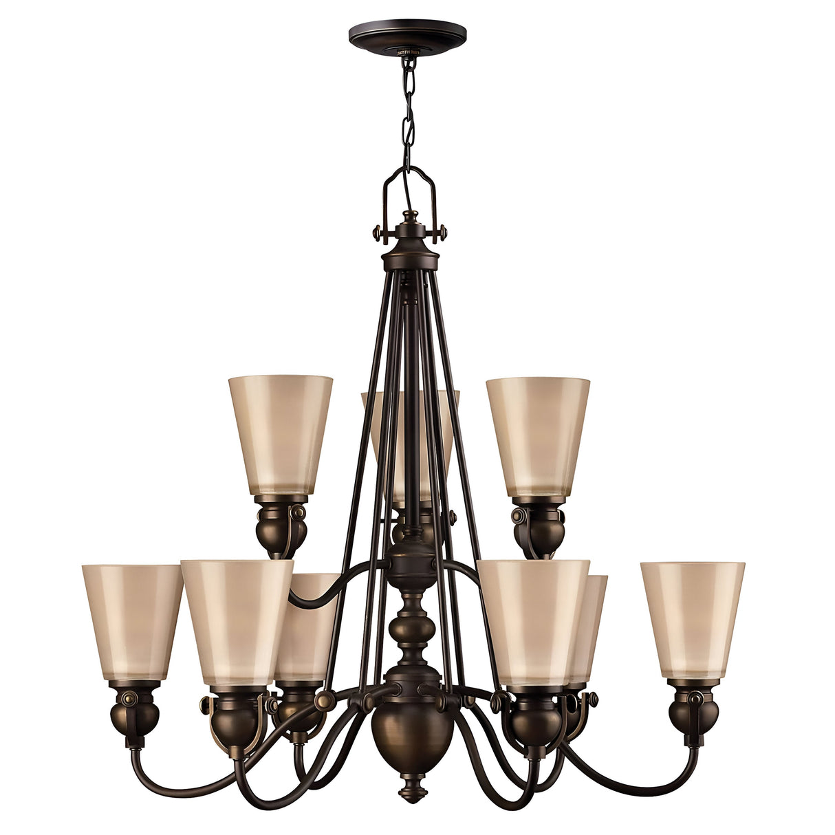 The Mayflower 9 Light Chandelier - Bronze offers a vintage appeal with its classic design, featuring nine etched amber glass shades arranged in two tiers. Its central rod and gracefully curved arms enhance its elegant and timeless appearance.