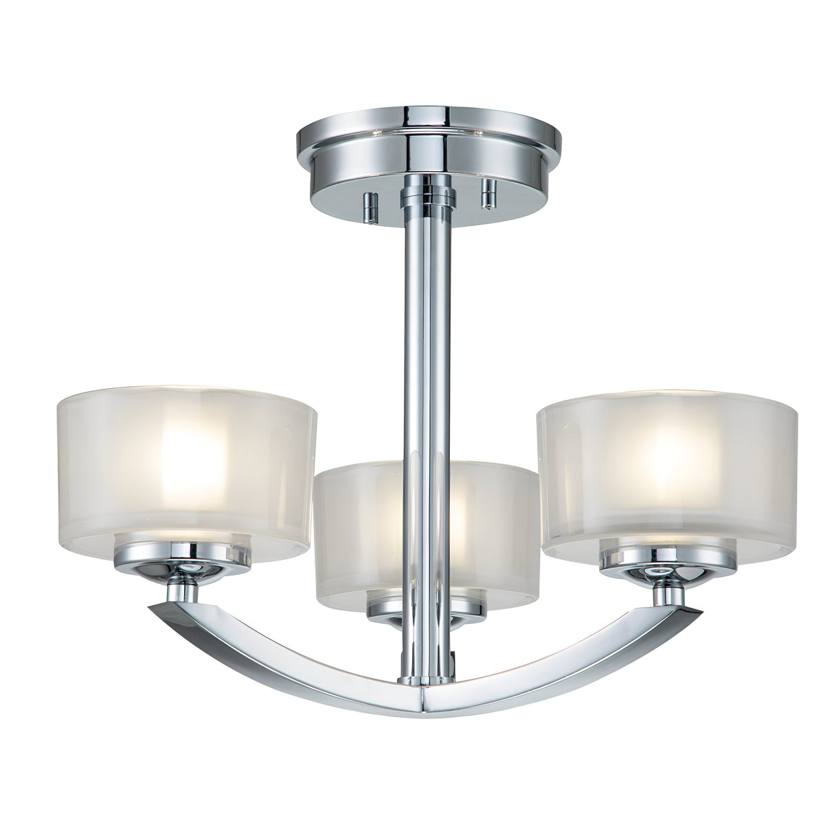 Introducing the Meridian 3 Light Semi Flush in Polished Chrome, this contemporary ceiling light fixture features a central cylindrical stem with elegantly curved arms supporting three frosted glass shades. Each shade houses an energy-efficient bulb, adding both style and functionality to your space.