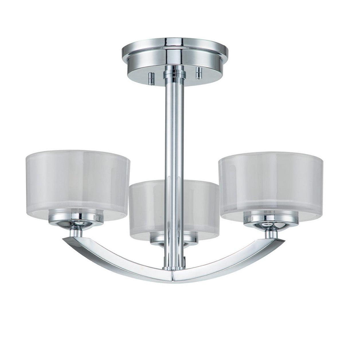 The Meridian 3 Light Semi Flush - Polished Chrome features a modern design with three cylindrical frosted glass shades arranged symmetrically to enhance energy efficiency.