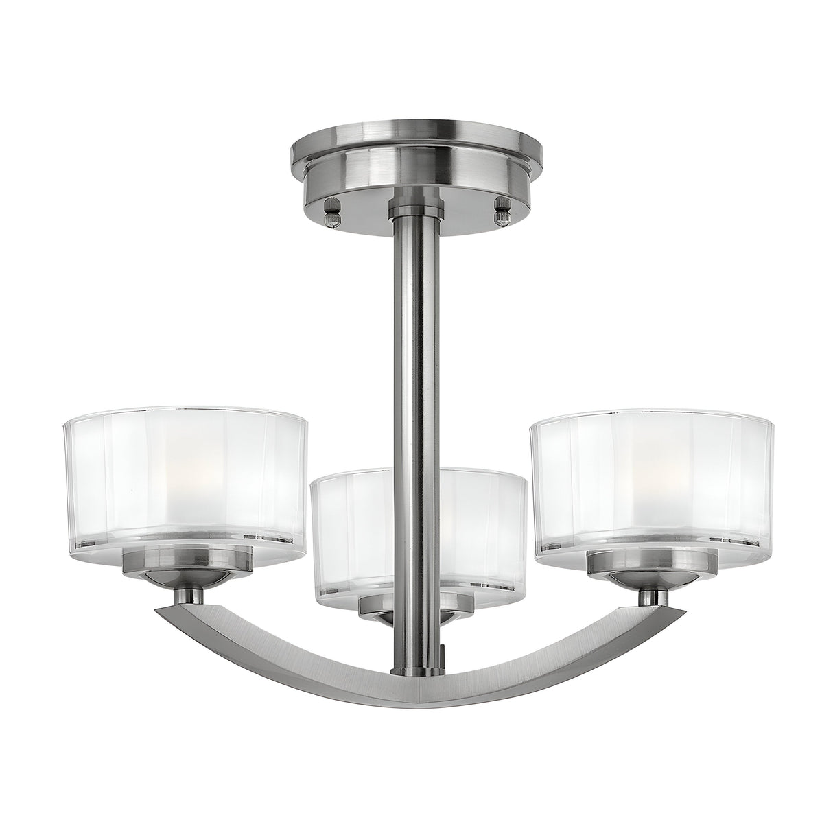 The Meridian 3 Light Semi Flush in Brushed Nickel is a modern ceiling light fixture with an energy-efficient design. It features three cylindrical frosted glass shades on a brushed nickel frame, complete with a central stem and curved arms, making it perfect for enhancing modern interiors.