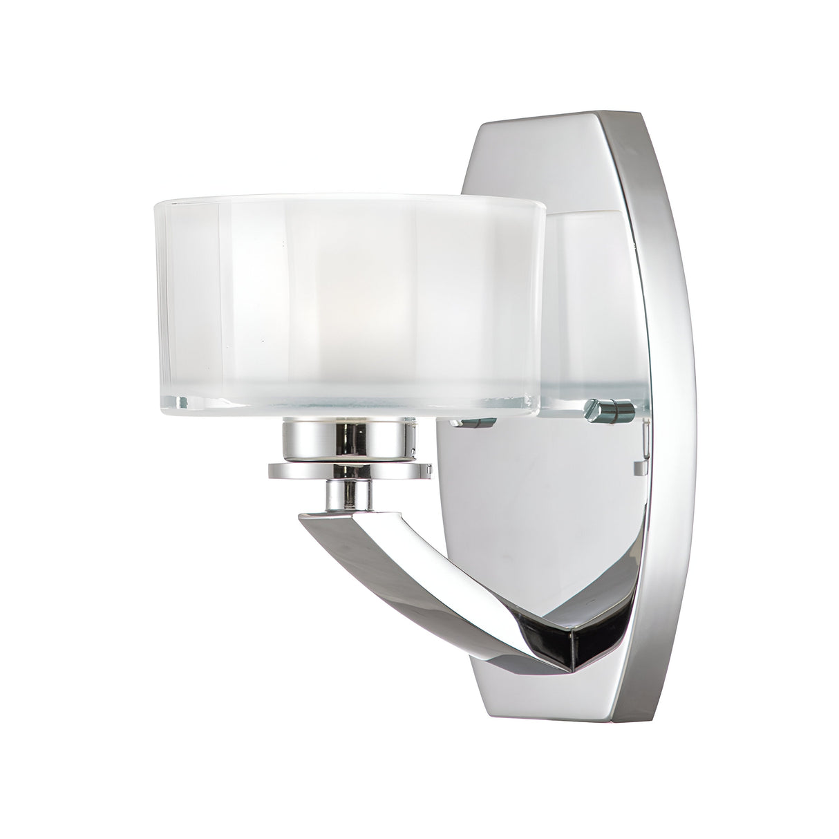Explore the Meridian 1 Light Wall Light - Polished Chrome, which combines contemporary sophistication with a polished chrome finish and a frosted glass cylindrical shade, elegantly mounted on an angular reflective metal base.