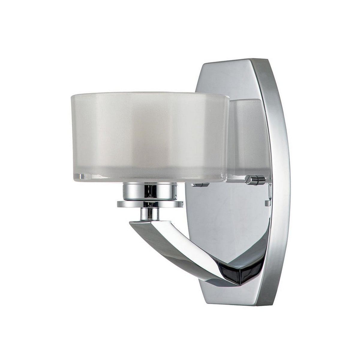 The Meridian 1 Light Wall Light - Polished Chrome exudes modern elegance with its polished chrome finish and frosted glass cylindrical shade, seamlessly mounting to the wall with a sleek rectangular base.