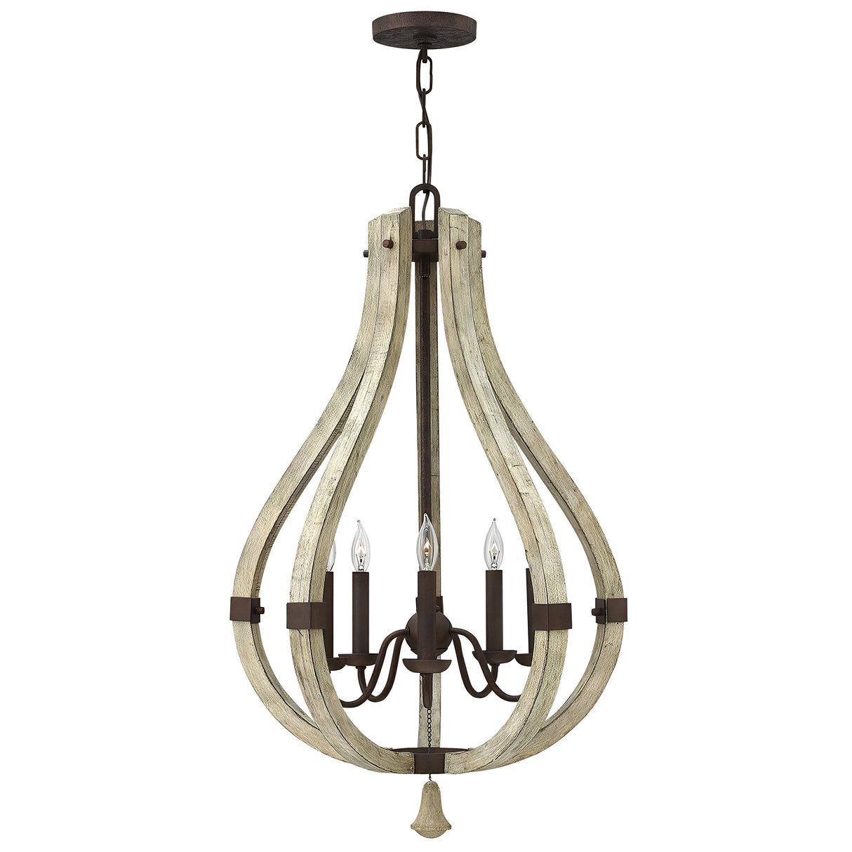 The Middlefield 5 Light Chandelier - Iron Rust exudes rustic charm with its wooden teardrop frame and iron rust hue. It showcases five candle-style lights on gracefully curved arms, hanging from a chain with an antique finish that effortlessly blends vintage and farmhouse aesthetics.