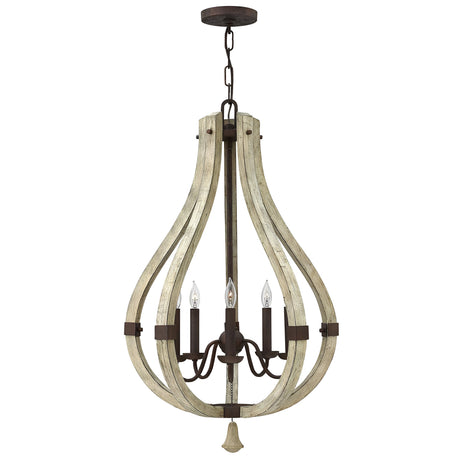 The Middlefield 5 Light Chandelier - Iron Rust exudes rustic charm with its wooden teardrop frame and iron rust hue. It showcases five candle-style lights on gracefully curved arms, hanging from a chain with an antique finish that effortlessly blends vintage and farmhouse aesthetics.