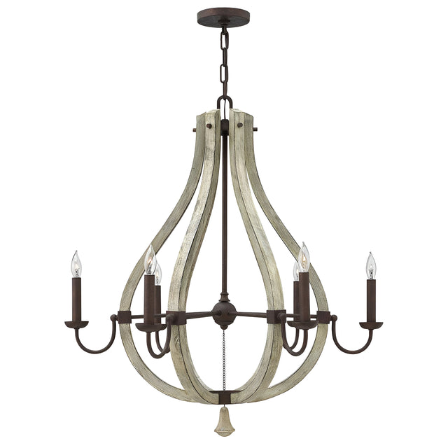 The Middlefield 6 Light Chandelier - Iron Rust features a rustic teardrop-shaped distressed wood frame complemented by five metal arms, each holding a candle-like bulb. It suspends elegantly from a chain and boasts an iron rust finish, offering a classic, vintage design.