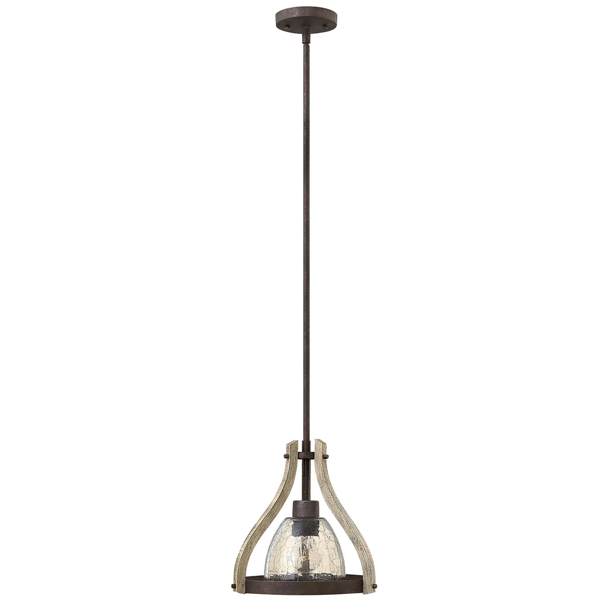 Introducing the Middlefield 1 Light Mini Pendant in Iron Rust, featuring a rustic metal frame with a textured glass shade. This mini pendant hangs from a long rod and showcases curved metal accents with distressed wood elements, offering an industrial yet elegantly vintage charm.