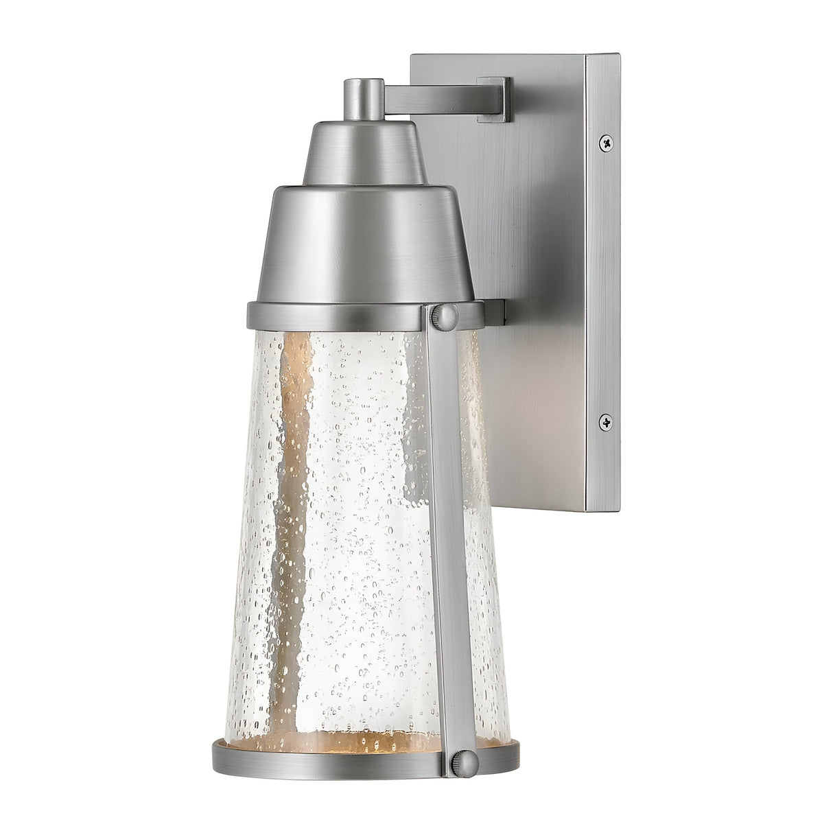 The Miles 1 Light Wall Lantern in a painted satin nickel finish features a modern cylindrical, clear glass shade with a bubble texture. It is supported by metal brackets, offering a sleek and contemporary design that pairs perfectly with an LED GU10 lamp for efficient lighting.