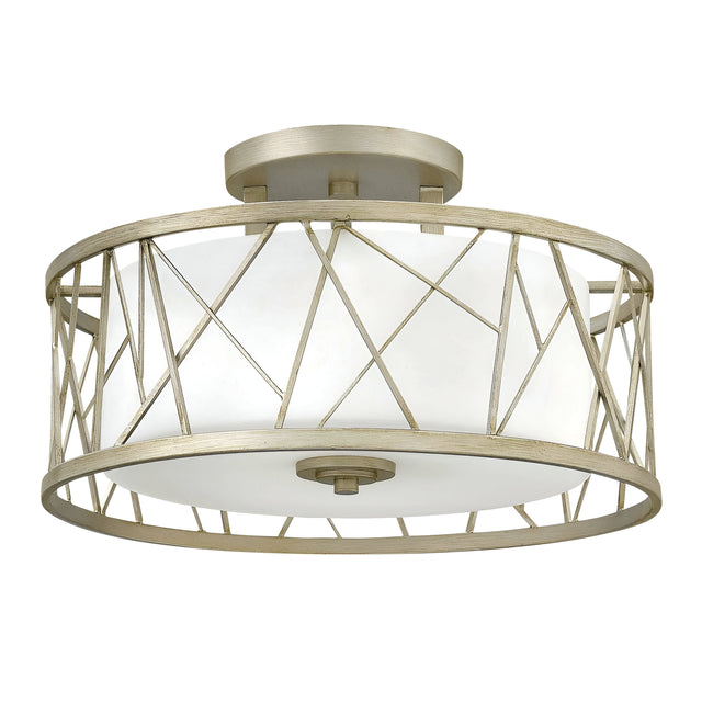 Introducing the Nest 3 Light Semi Flush, a modern ceiling light fixture boasting a round drum shape. This elegant design features a geometric metal frame and linen glass diffuser, embodying organic modern elements with its sophisticated gold finish for an elegant and contemporary look.