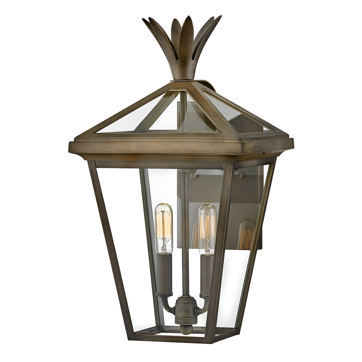 The Palma Outdoor 2 Light Medium Wall Lantern in burnished bronze showcases a subtle pineapple motif with clear glass panels and two candle-like lightbulbs. Its decorative, finial-inspired top enhances its charm, making it an ideal addition to any outdoor decor.