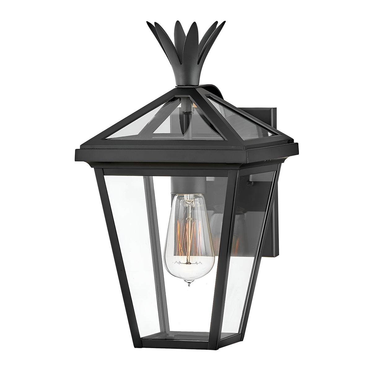 Introducing the Palma Outdoor 1 Light Small Wall Lantern in Black, showcasing a decorative pineapple motif at its top. This lantern has a glass enclosure that reveals a clear bulb inside and is elegantly mounted on a rectangular base for outdoor use.