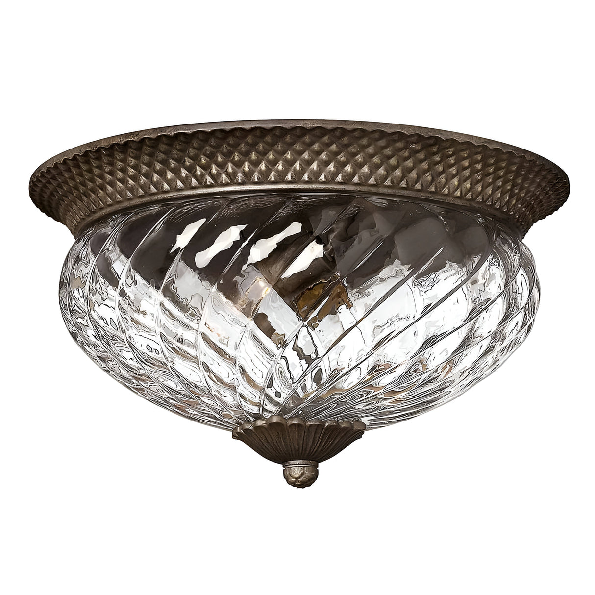 Introducing the Plantation 3 Light Large Flush - Bronze: a vintage-style decorative lighting fixture with a textured, translucent pineapple-shaped glass dome featuring an enchanting swirling pattern. This elegant piece is beautifully bordered by an intricately designed bronze-colored metal rim and completed with a charming central knob.