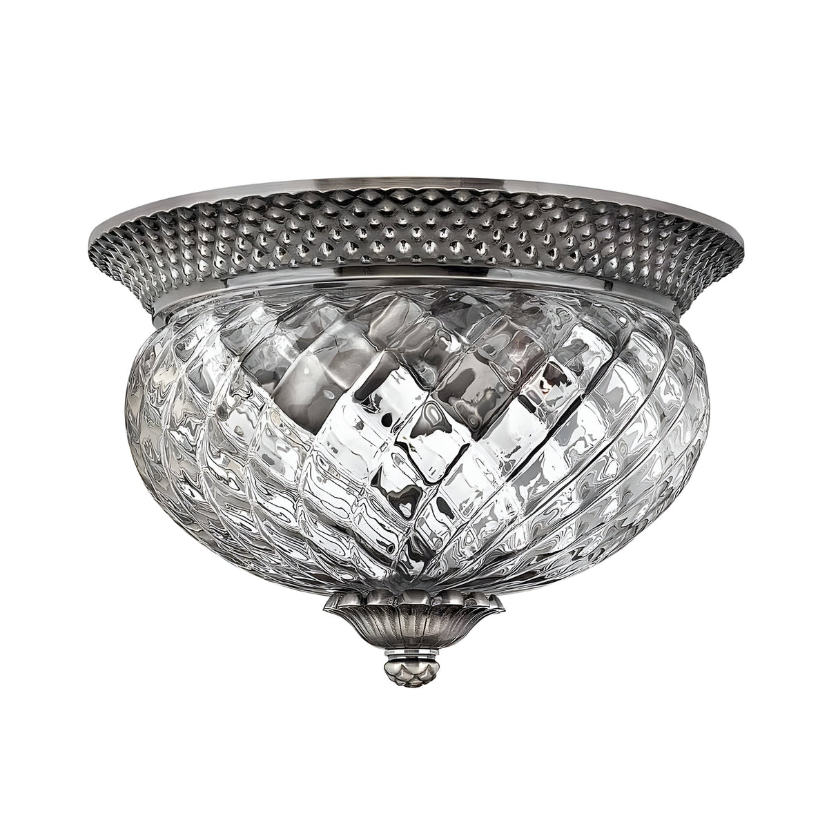 The Plantation 2 Light Small Flush in Polished Antique Nickel offers a vintage-style design with a clear textured glass bowl. It boasts an optic glass design featuring a diamond pattern, complemented by a metal base adorned with a decorative, beaded edge.