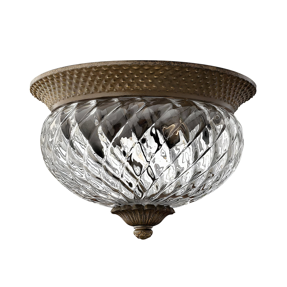 The Plantation 2 Light Small Flush in bronze combines vintage charm with a textured rim and a decorative clear optic glass globe adorned with a swirling pattern, elegantly enclosing a bulb inside the glass bowl for an exquisite touch.