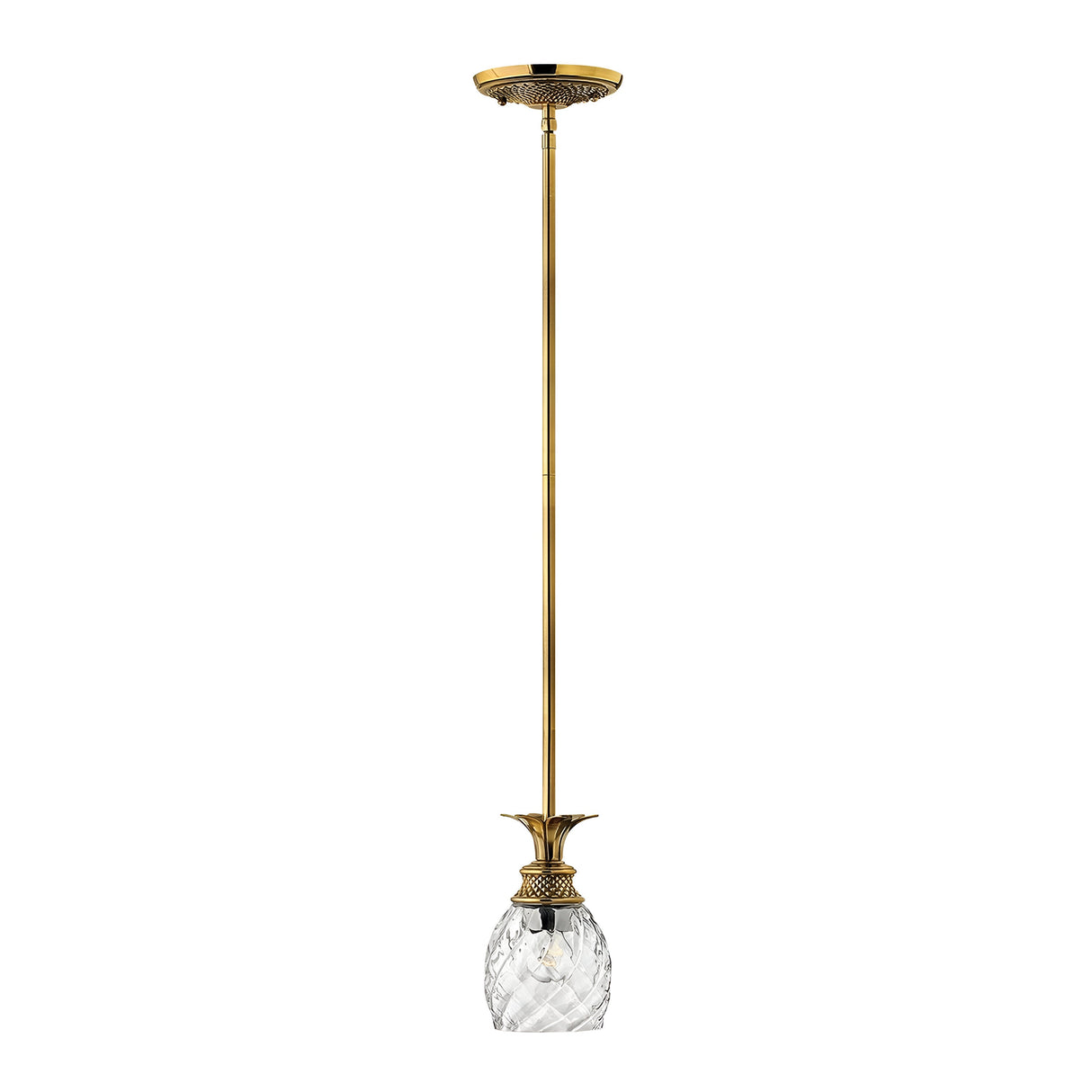 The Plantation 1 Light Pendant in Burnished Brass features a vintage design with decorative elements and is elegantly suspended from the ceiling by a slender brass rod. The fixture showcases an intricately carved, clear optic glass shade adorned with a floral motif.