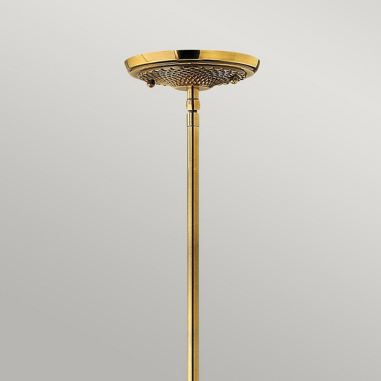 The Plantation 1 Light Pendant in burnished brass features a graceful design with a slender pole and round base, complemented by a perforated, decorative metal cover at the top for the light bulb. It is set against a simple, neutral gray background.