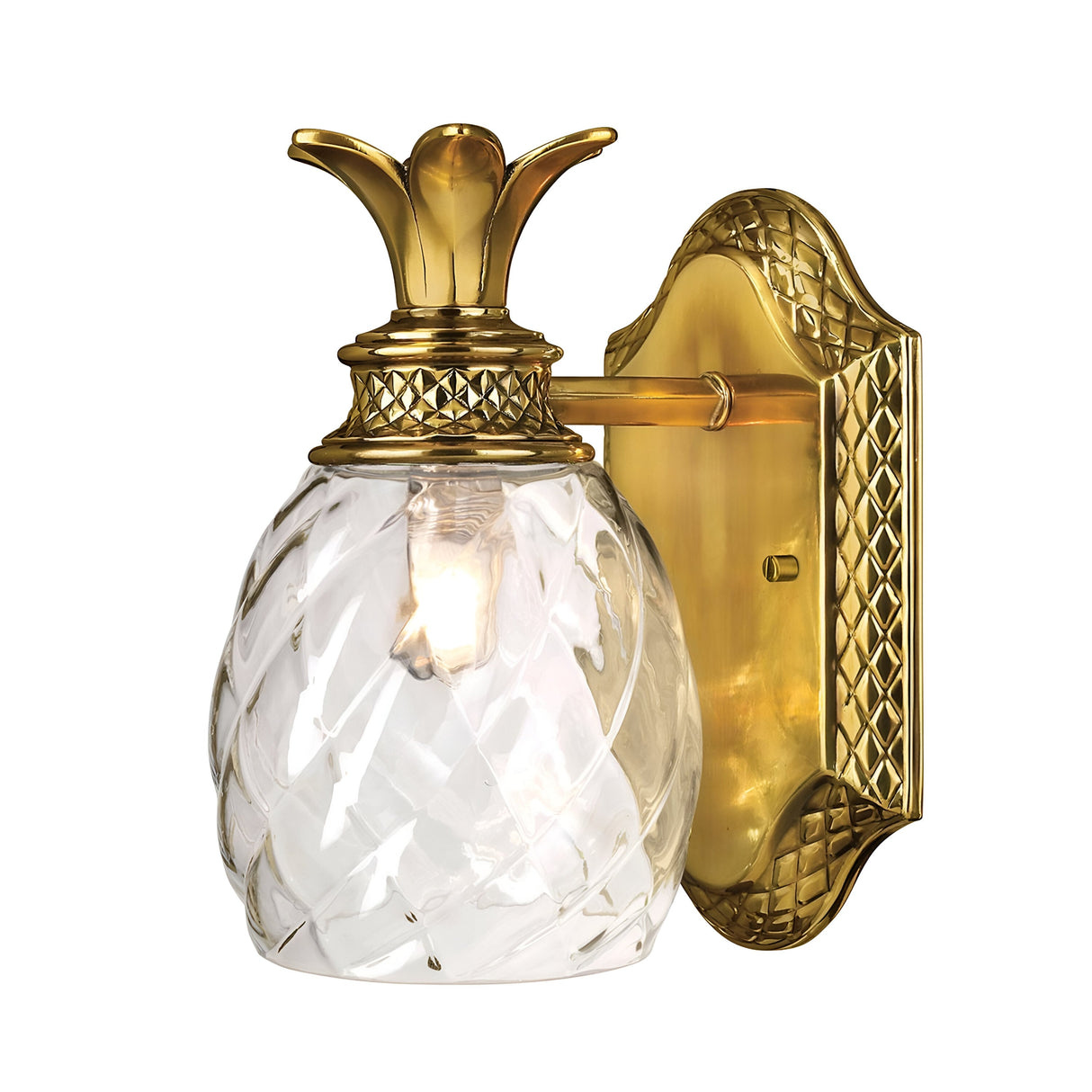 Introducing the Plantation Outdoor 1 Light Wall Light in Burnished Brass: a decorative wall sconce with a pineapple-shaped optic glass cover and a burnished brass backplate. It features textured glass with a diamond pattern, topped with gold metal leaves resembling a pineapple crown, allowing the light bulb to be visible inside—perfect for an elegant outdoor setting.