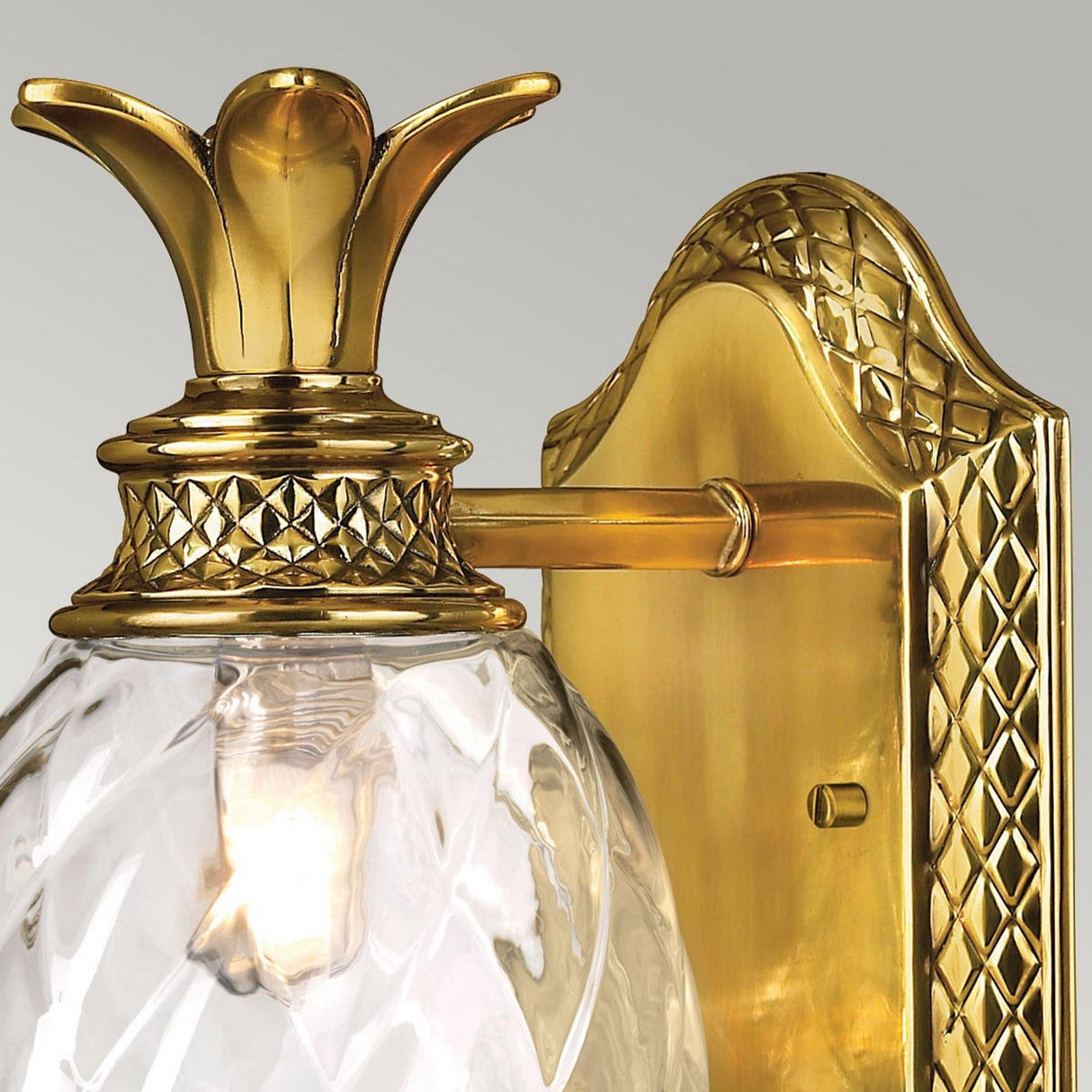 Close-up of the Plantation Outdoor 1 Light Wall Light in burnished brass. This ornate wall sconce showcases a textured, diamond pattern and a decorative top. It features a clear, pineapple-shaped optic glass shade enveloping a glowing bulb for an elegant, vintage look.
