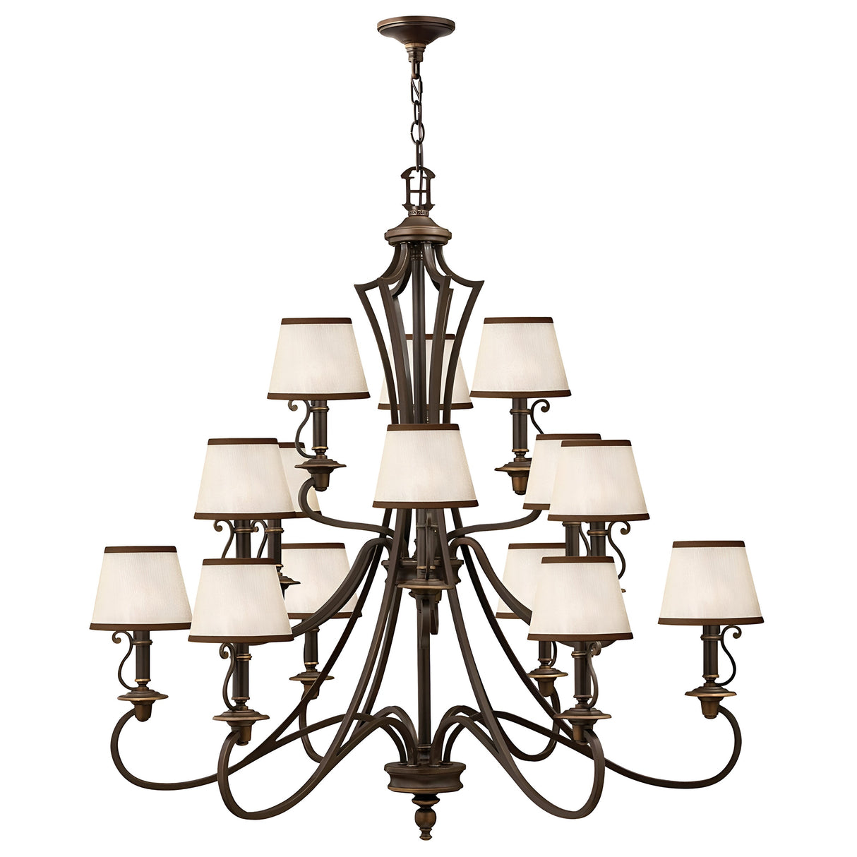 The Plymouth 15 Light Chandelier - Bronze is a grand, vintage-inspired piece featuring multiple tiers with cream-colored lampshades and an elegant bronze metal frame with curving arms. This stunning chandelier hangs gracefully from a chain, bringing timeless charm to any space.