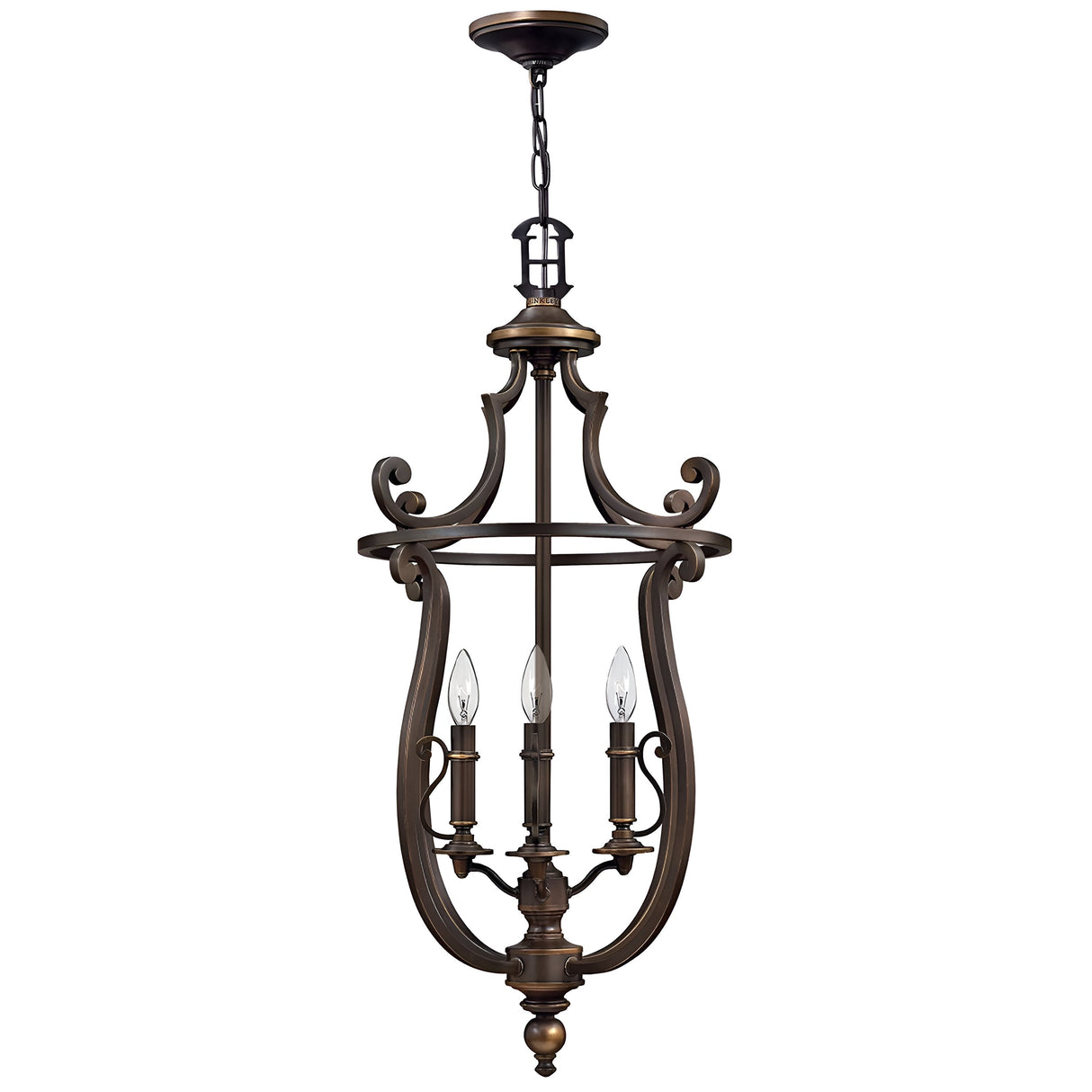 The Plymouth 4 Light Chandelier in bronze boasts a vintage-inspired design, featuring four candle-style lights, elegant scrollwork, and a central chain for hanging. Its old bronze hue imbues any room with timeless charm.