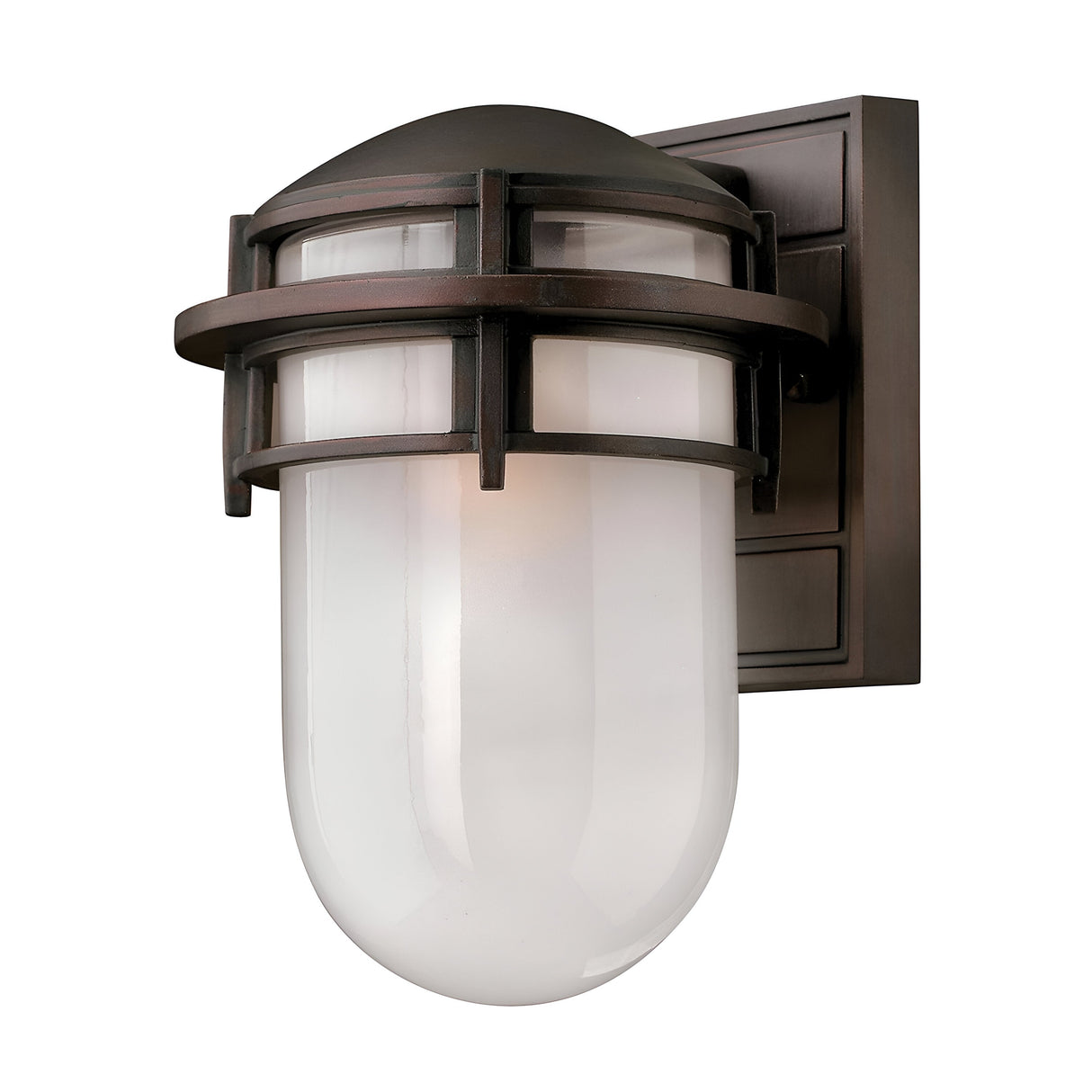 The Reef Outdoor Small 1 Light Lantern in bronze boasts a cage-style design with a frosted glass shade, making it perfect for modern nautical aesthetics. Ideal for outdoor applications, this wall-mounted fixture features an IP44 rating for durability against the elements.