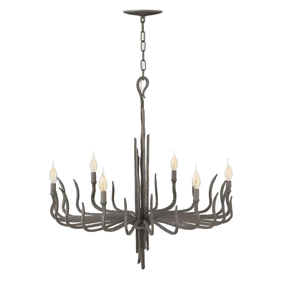 The Spyre 6 Light Chandelier in Metallic Matte Bronze combines an antler-inspired design with a rustic charm, offering an industrial edge with its six candle-shaped lights pointing upwards. Crafted from weathered-finish metal, it showcases a strong metallic matte bronze appearance and is suspended from a durable chain and ceiling plate.