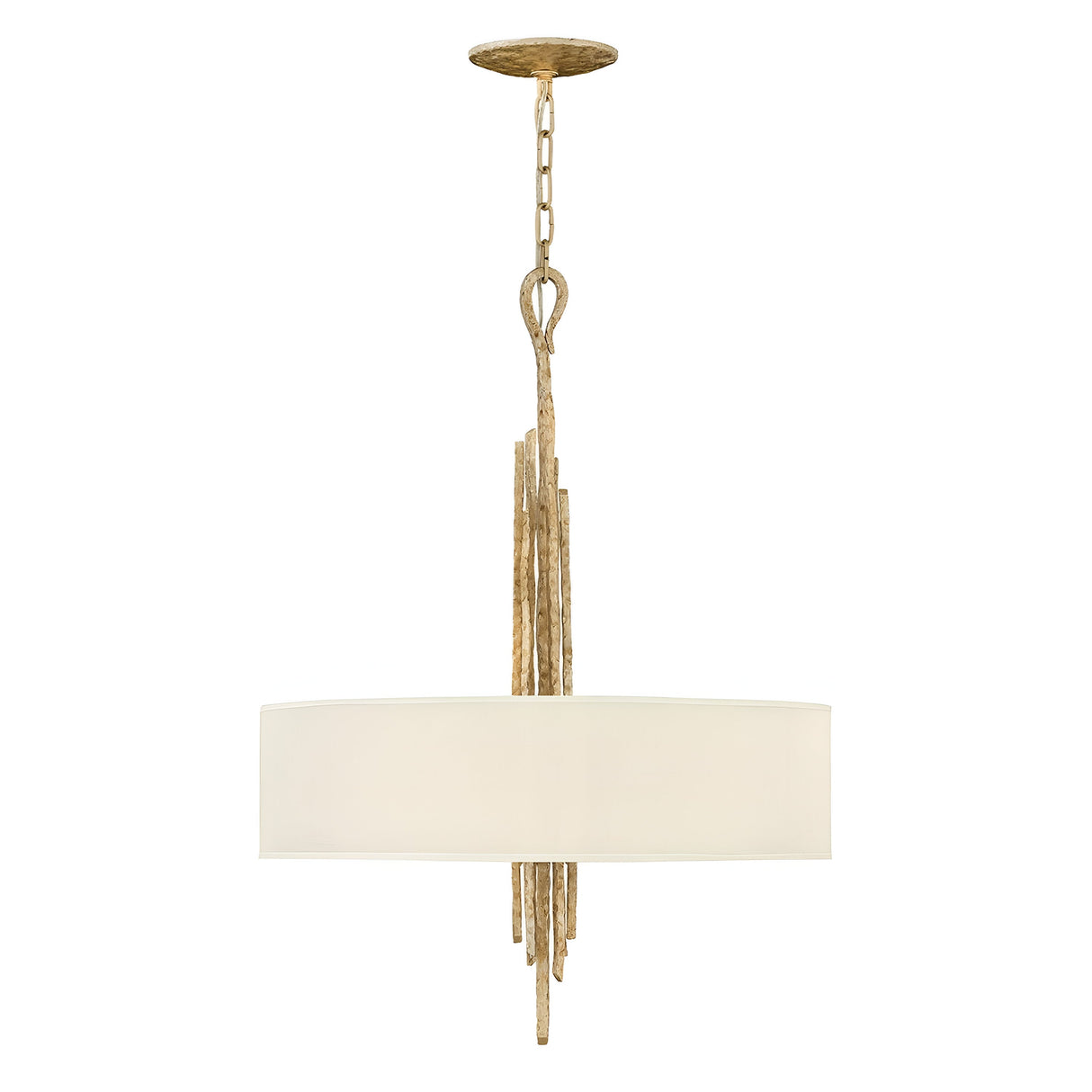 The Spyre 6 Light Pendant in Champagne Gold features a circular white fabric shade and a stylish frame with a decorative champagne gold finish. Suspended from a gold chain, it offers an elegant and modern appearance that suits various decor styles against a white background.