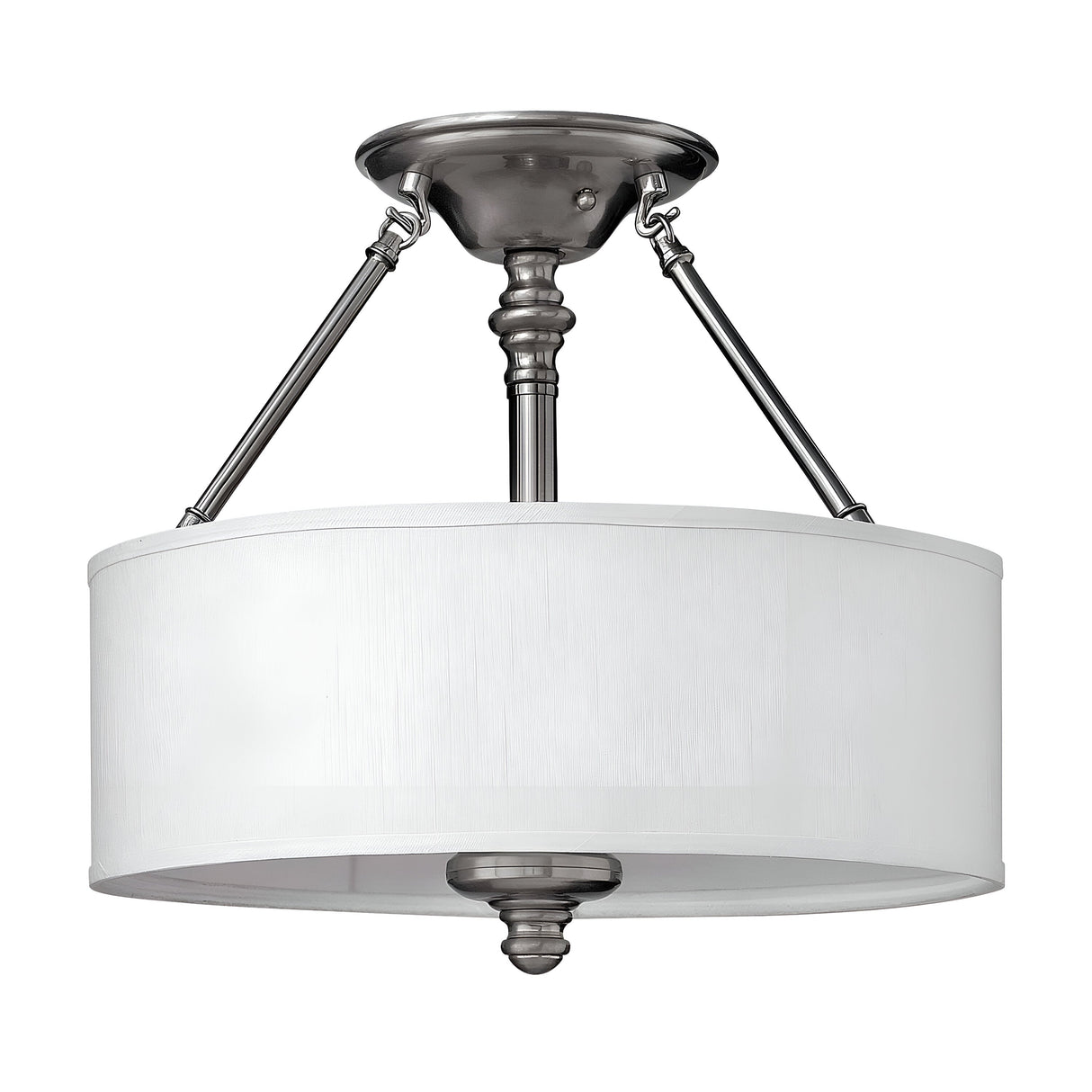 The Sussex 3 Light Semi Flush in brushed nickel is a modern ceiling fixture featuring metal rods and a cylindrical white fabric drum shade. Designed to provide even lighting, it suits contemporary interior spaces, complementing both semi-flush and traditional modern lighting styles.