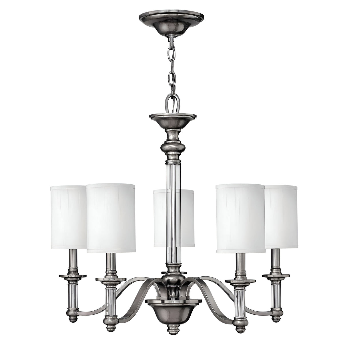 The Sussex 5 Light Chandelier - Brushed Nickel exudes traditional charm with its brushed nickel finish and white cylindrical shades. The design includes a central stem, gracefully curved arms, and elegant detailing, offering a classic and sophisticated ambiance.