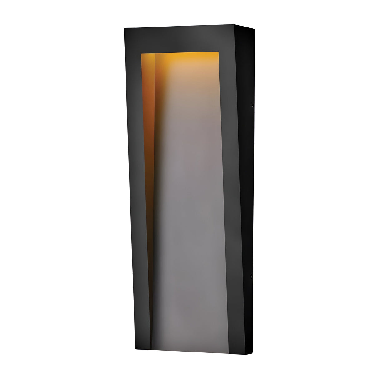 This black Taper Outdoor LED Large Wall Lantern features a modern, sleek design with a rectangular shape and inward slant. It casts warm, golden light across its dark frame, offering a minimalist and contemporary aesthetic that enhances outdoor lighting beautifully.