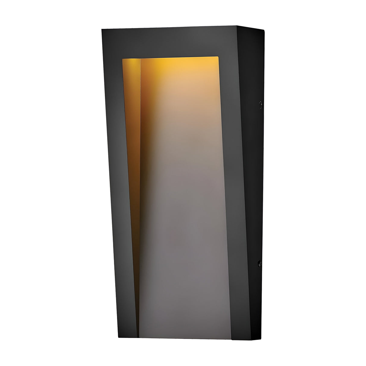 Introducing the Taper Outdoor LED Small Wall Lantern in black, featuring a sleek geometric design with a rectangular shape and angled front. This energy-efficient lighting solution emits warm yellow light from its top section, making it perfect for enhancing any space.