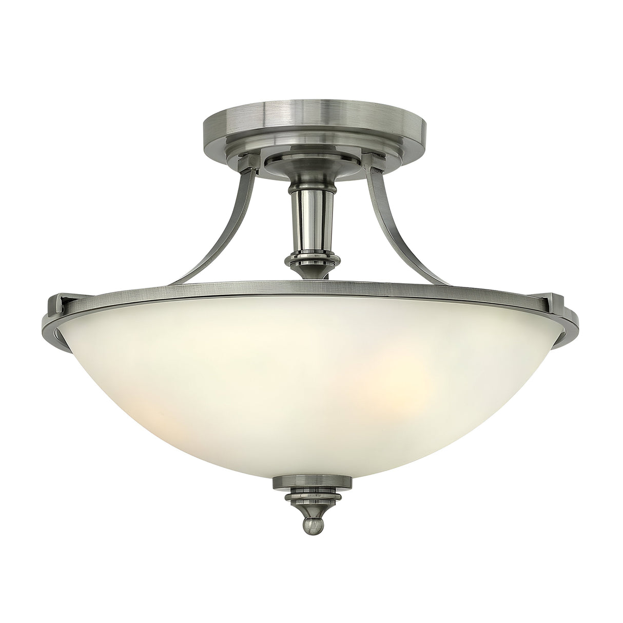 The Truman 3 Light Semi Flush - Antique Nickel showcases an elegant and classic design with its frosted glass dome shade and decorative central finial, making it an ideal addition to various interior settings.